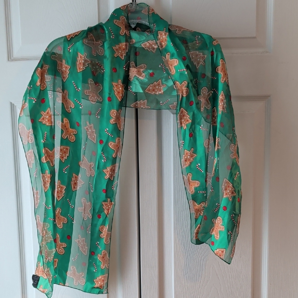 Festive Green Holiday Scarf with Gingerbread and Tree Print